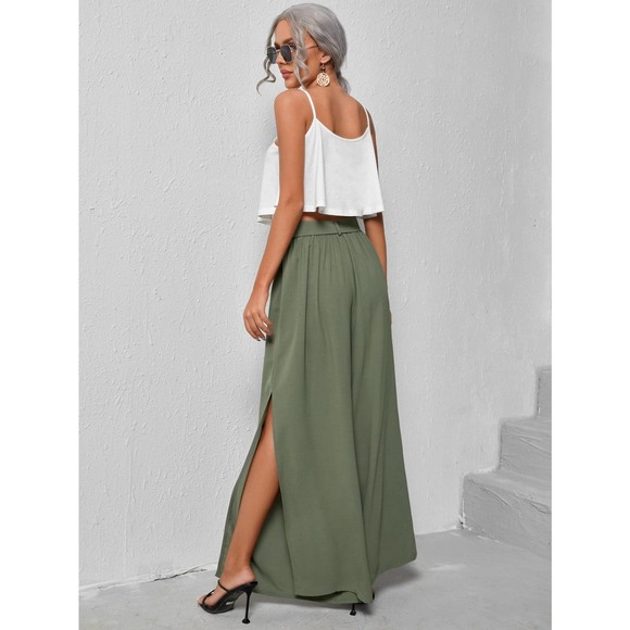 2 piece set: Cami crop Top & Belted Split thigh wide leg Pants hot pink - Picture 4 of 11